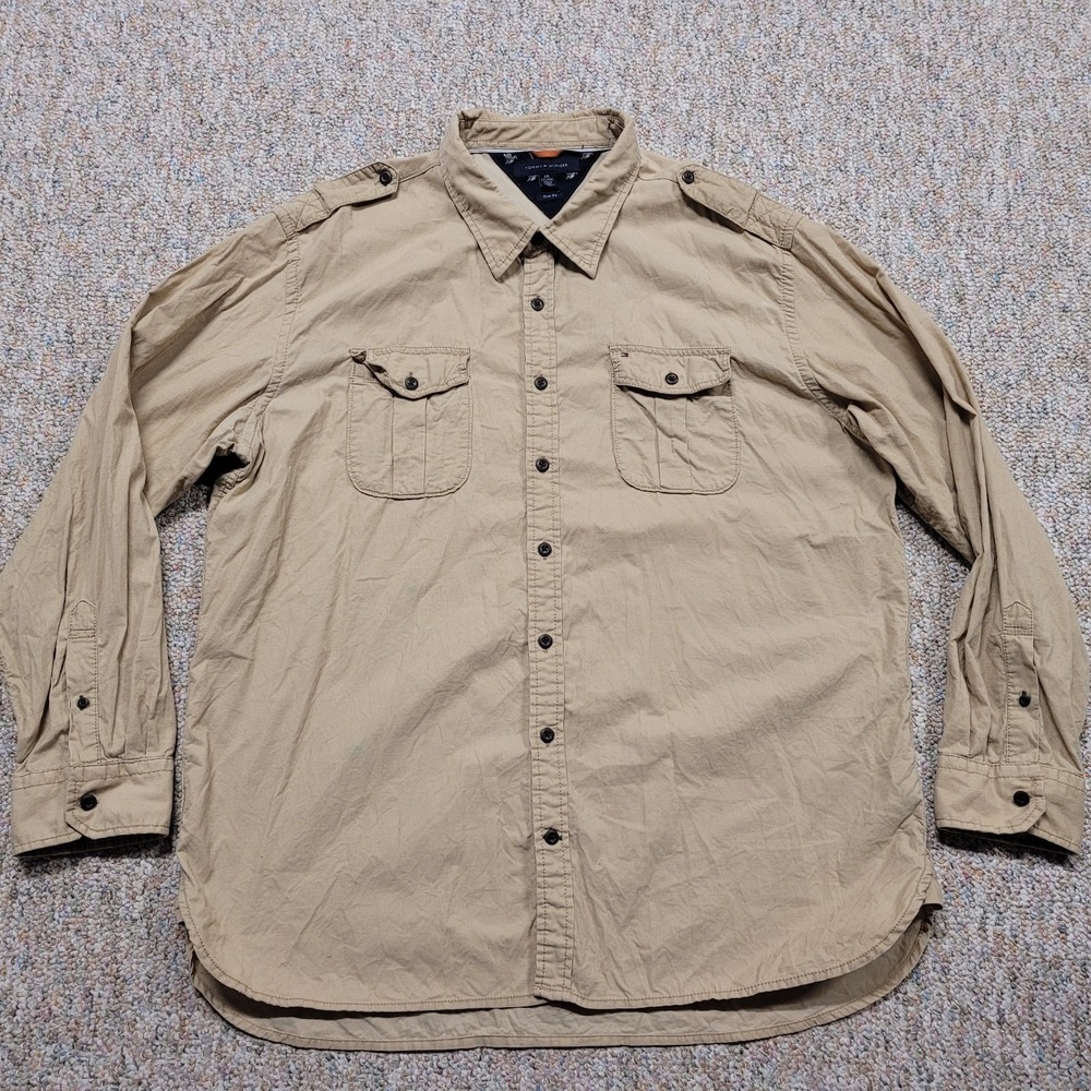 Tommy Hilfiger Shirt Mens‎ 2XL Beige Corduroy Button Up Long Sleeve Safari Trim